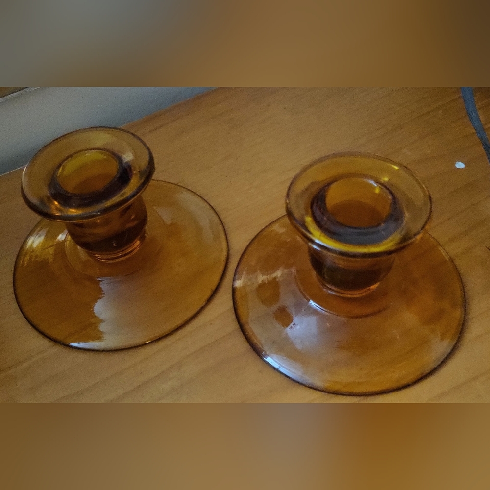 Vintage amber glass candle stick holders